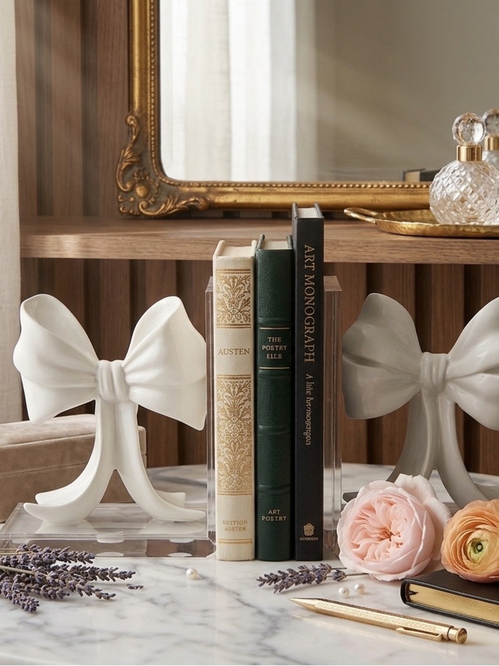 Decorative White Ceramic Bow Bookends - Elegant Home Accent